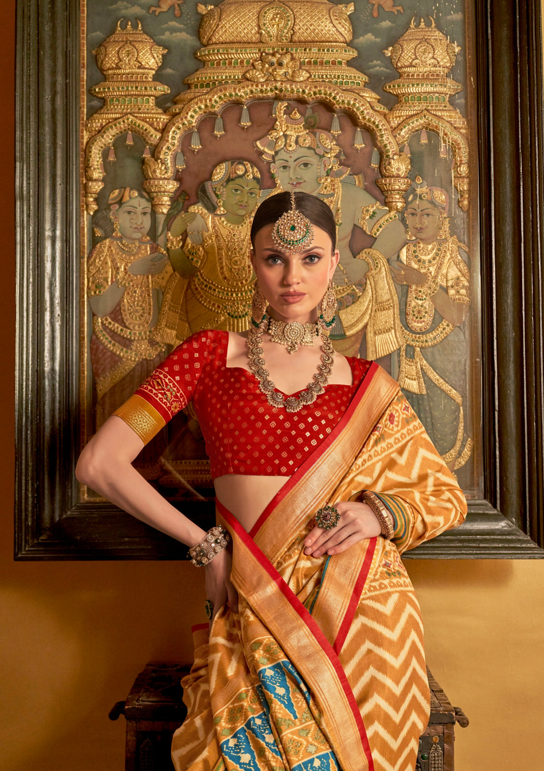 Beige and Red Mercerized Sigma Silk Patola Saree with Gold Print and Kandora Belt