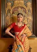 Beige and Red Mercerized Sigma Silk Patola Saree with Gold Print and Kandora Belt