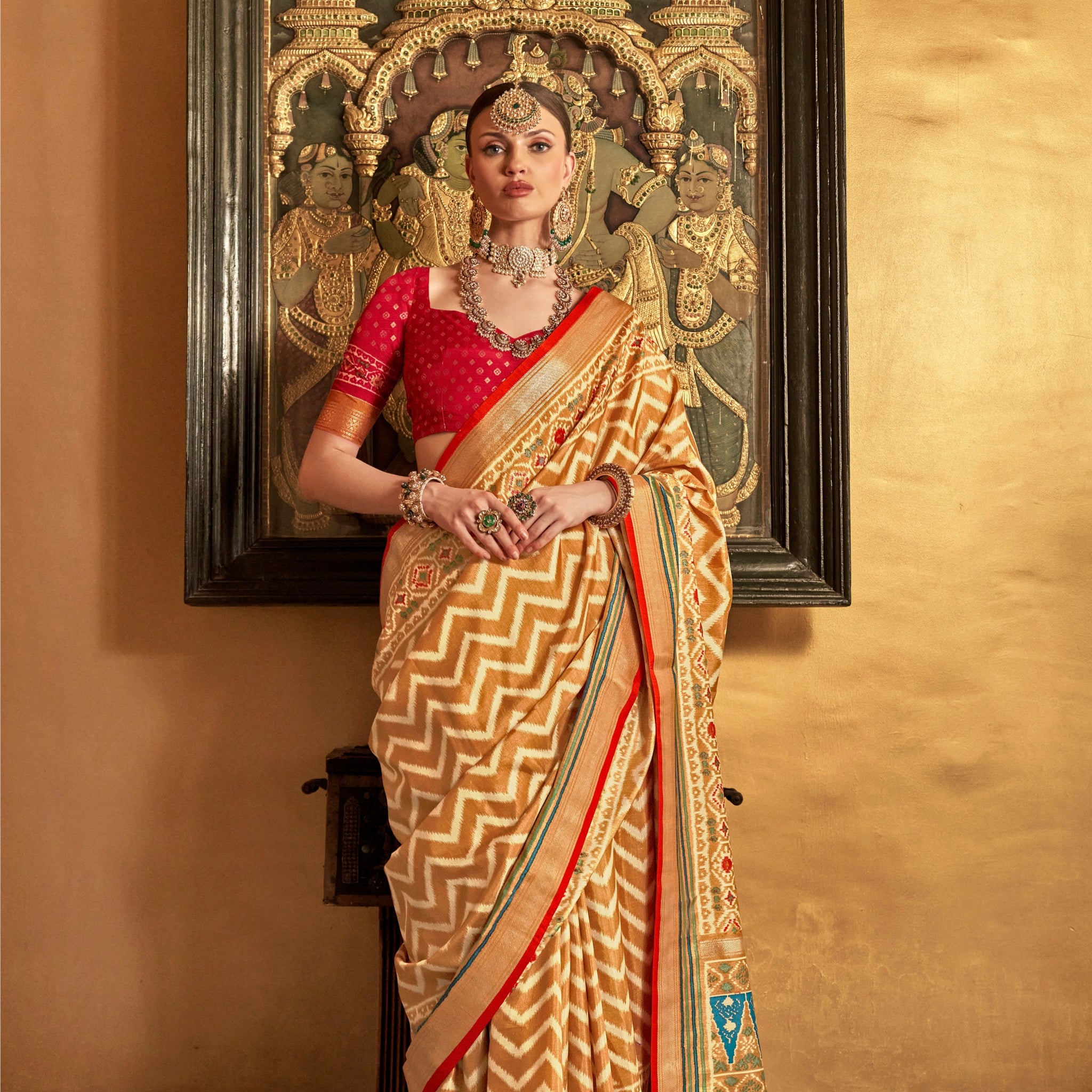 Beige and Red Mercerized Sigma Silk Patola Saree with Gold Print and Kandora Belt