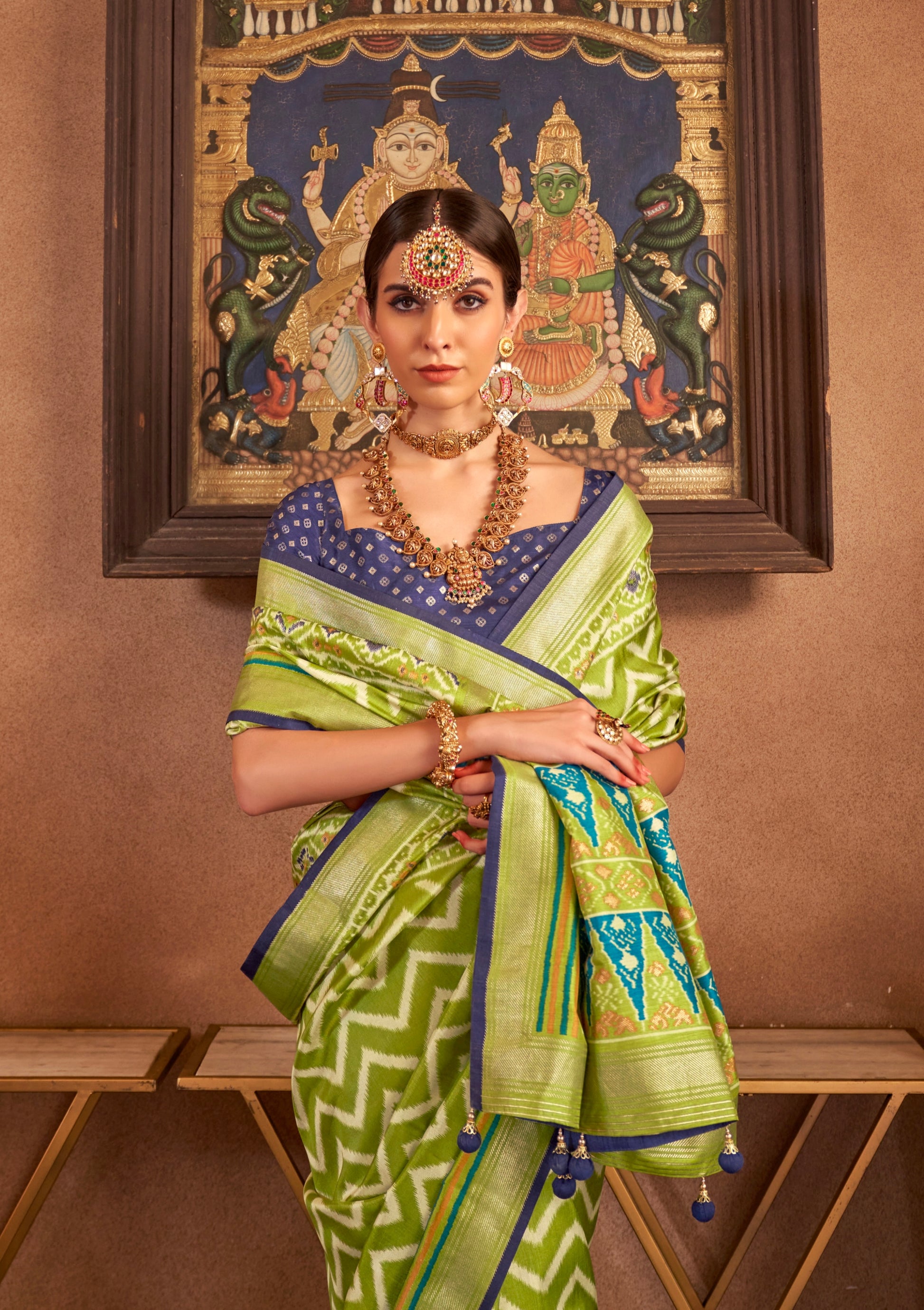 Olive Green and Blue Mercerized Sigma Silk Patola Saree with Gold Print and Kandora Belt