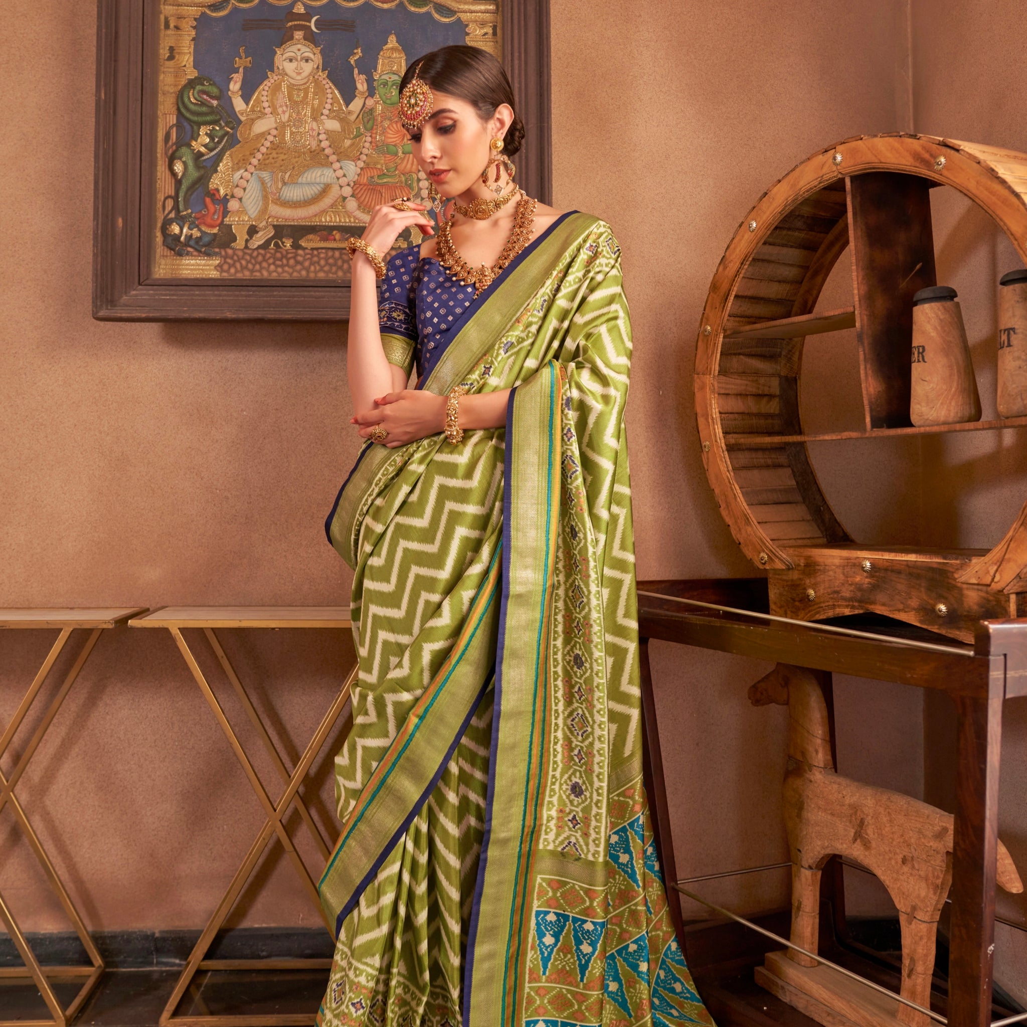 Olive Green and Blue Mercerized Sigma Silk Patola Saree with Gold Print and Kandora Belt