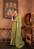 Olive Green and Blue Mercerized Sigma Silk Patola Saree with Gold Print and Kandora Belt