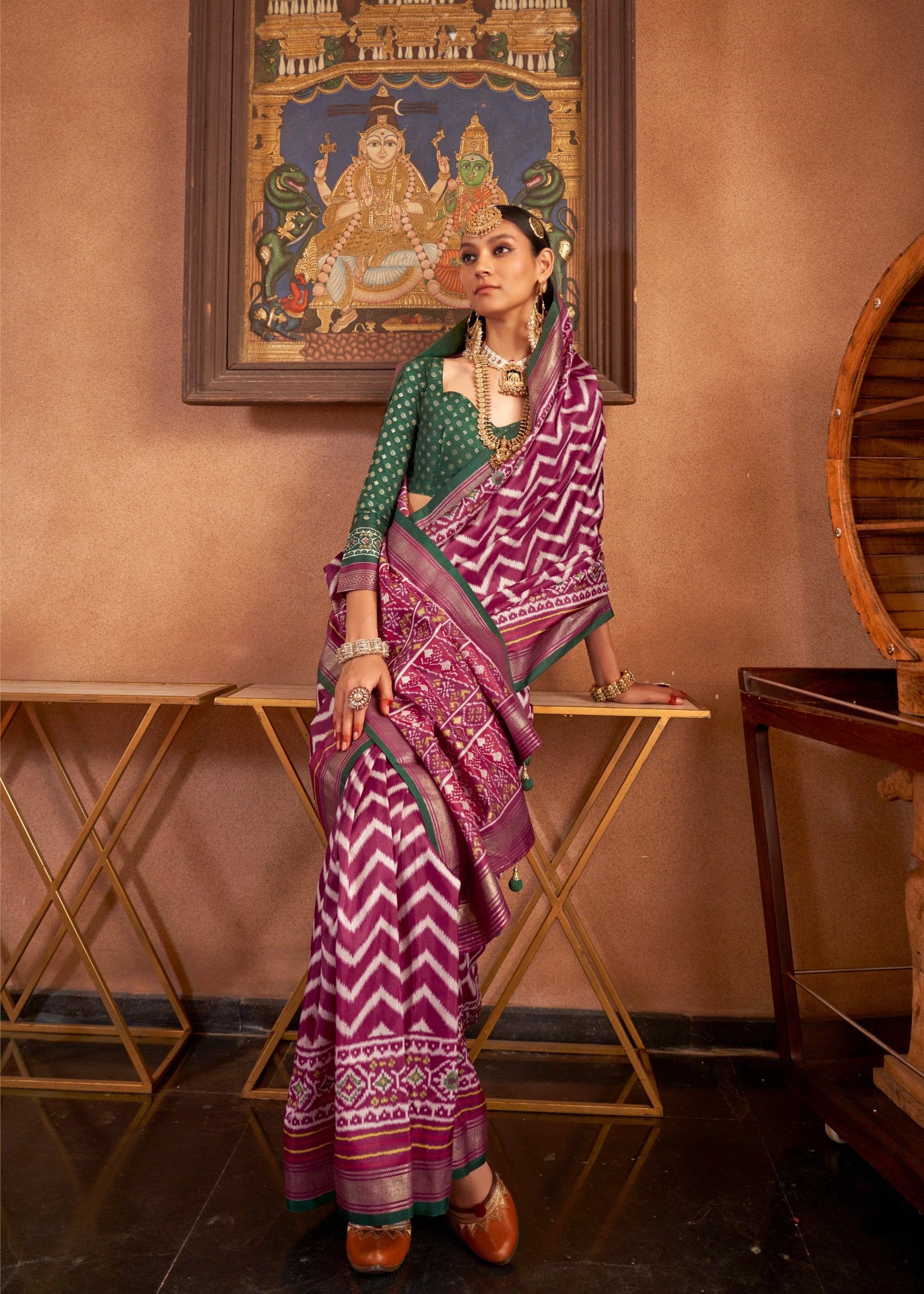 Purple and Pink Mercerized Sigma Silk Patola Saree with Gold Print and Kandora Belt