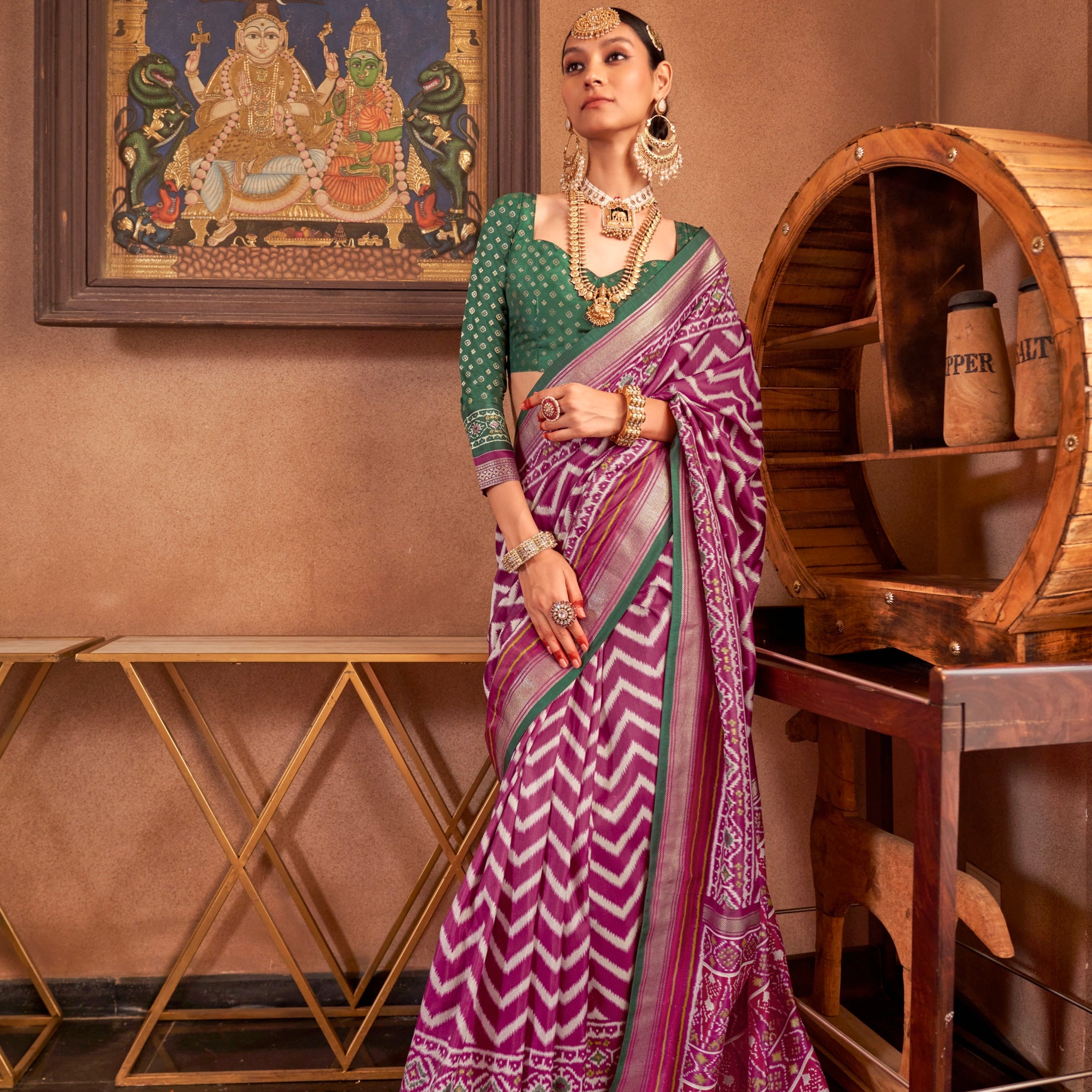 Purple and Pink Mercerized Sigma Silk Patola Saree with Gold Print and Kandora Belt