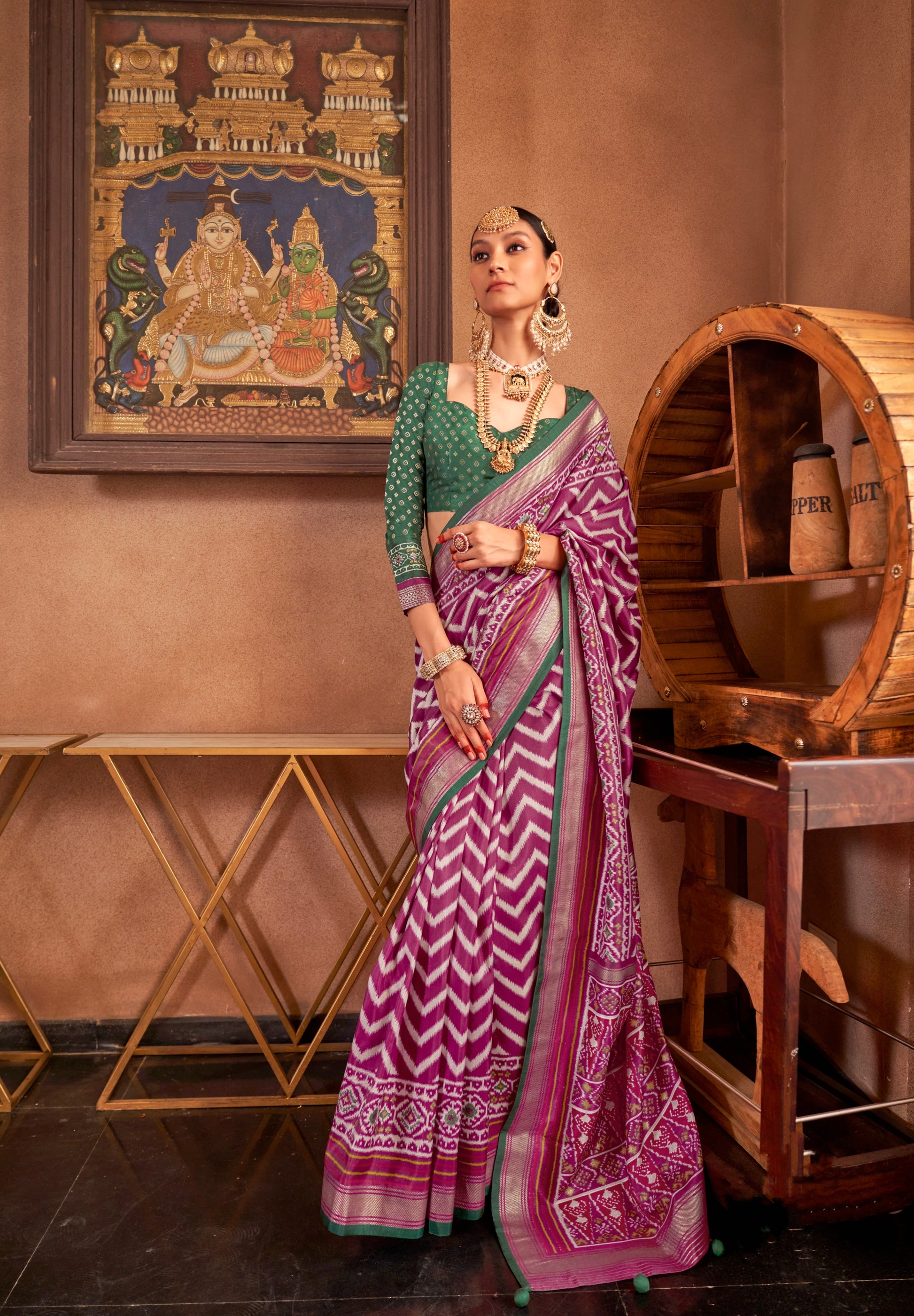 Purple and Pink Mercerized Sigma Silk Patola Saree with Gold Print and Kandora Belt