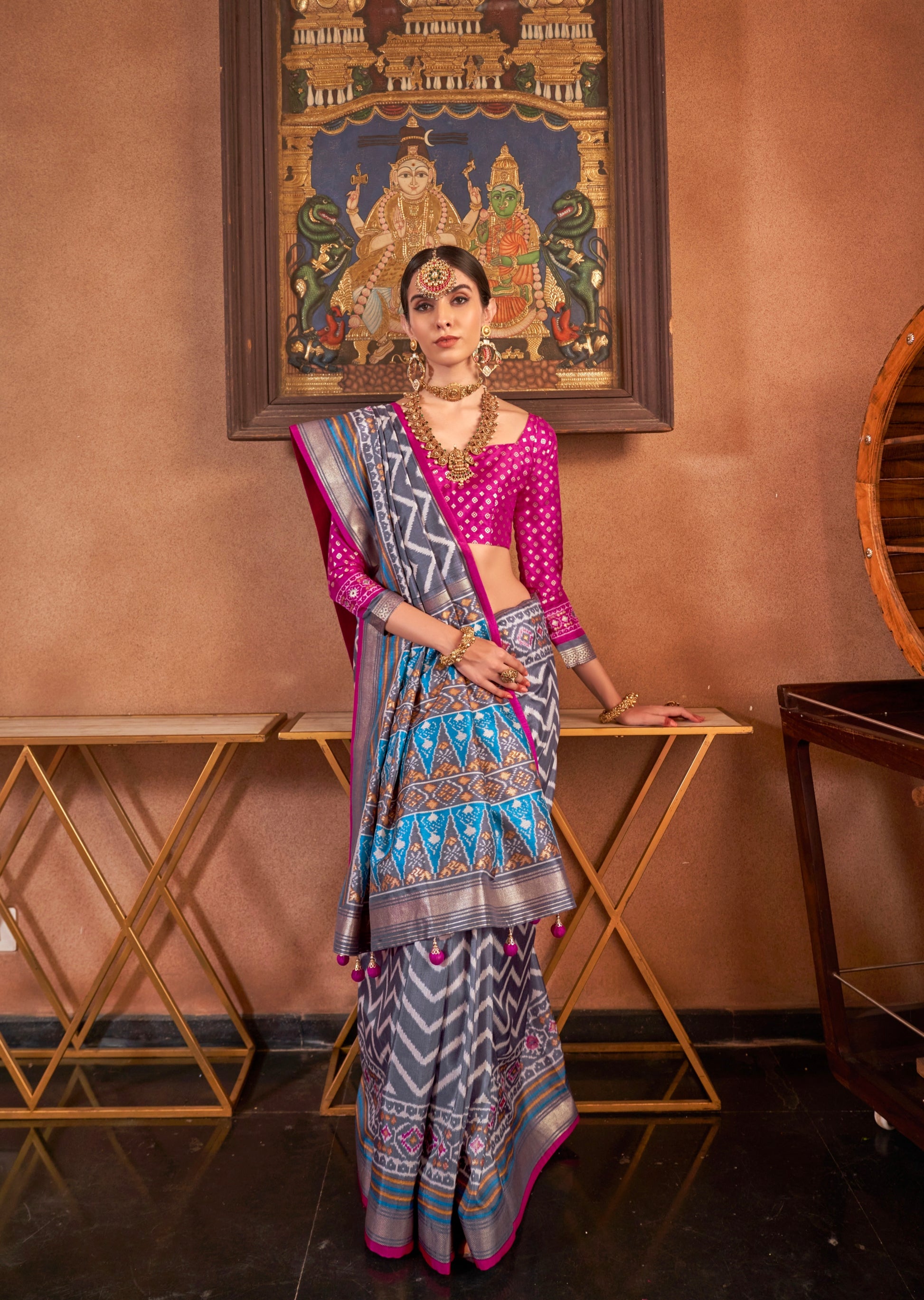 Grey and Purple Mercerized Sigma Silk Patola Saree with Gold Print and Kandora Belt