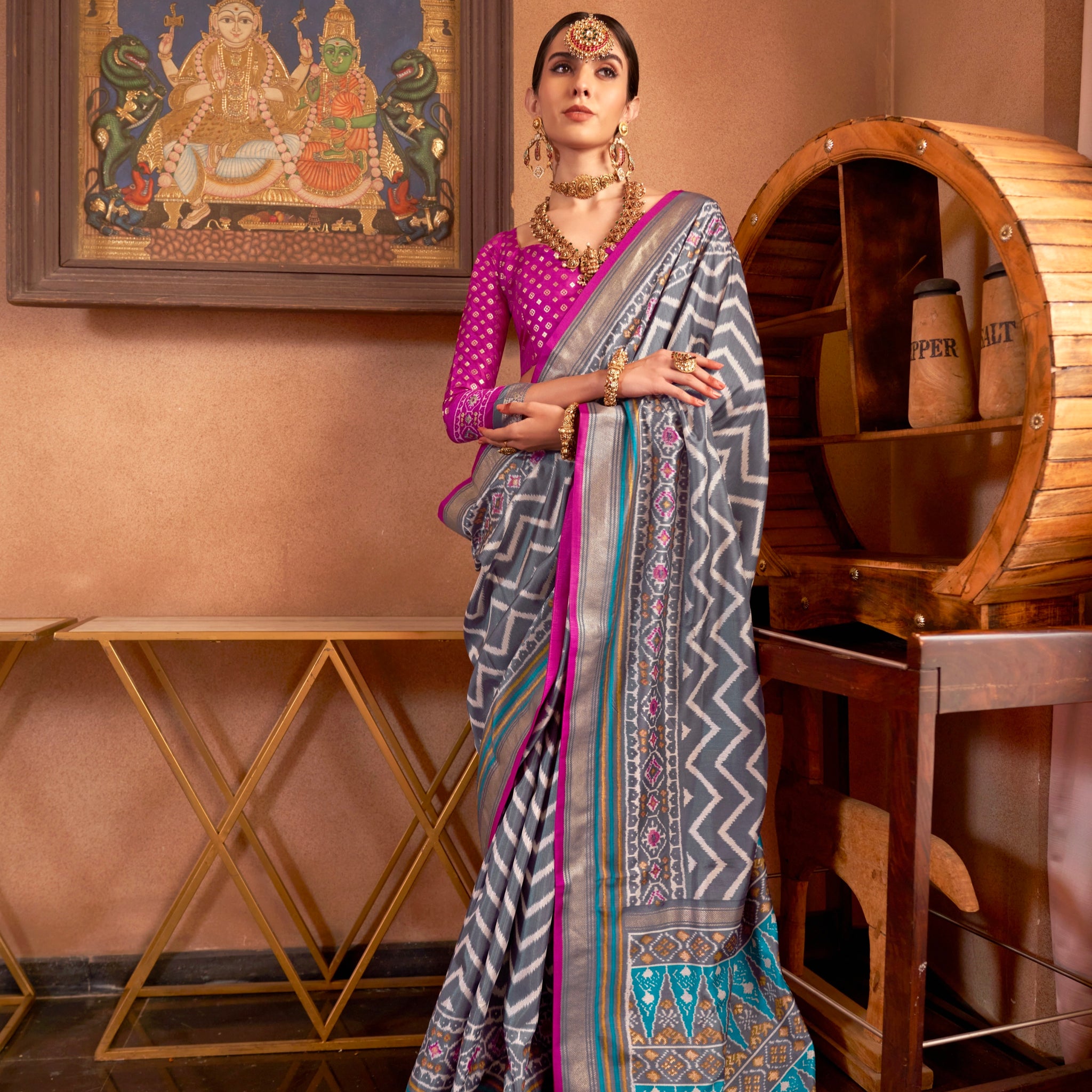 Grey and Purple Mercerized Sigma Silk Patola Saree with Gold Print and Kandora Belt