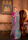 Grey and Purple Mercerized Sigma Silk Patola Saree with Gold Print and Kandora Belt