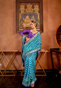 Blue and Pink Mercerized Sigma Silk Patola Saree with Gold Print and Kandora Belt
