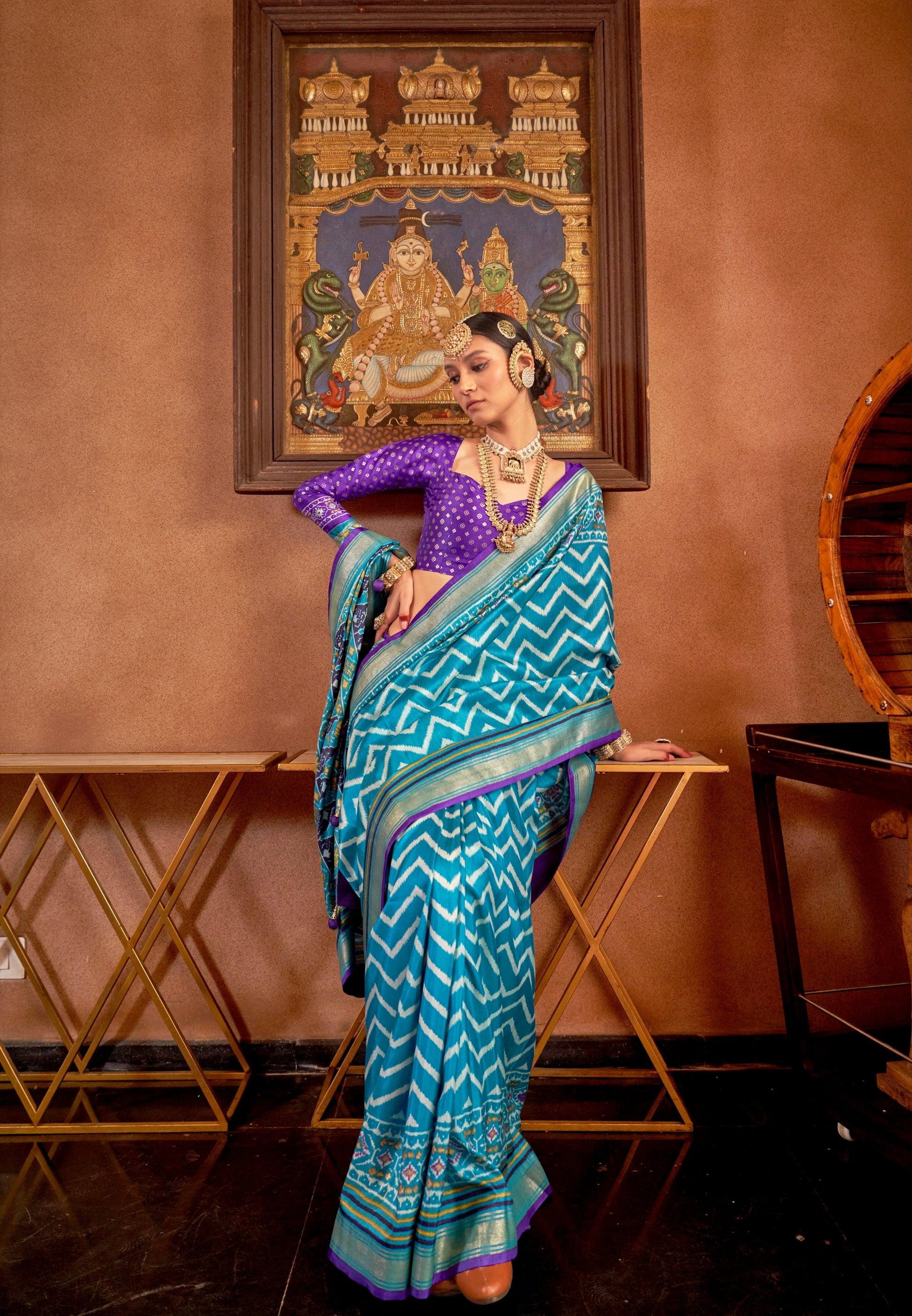 Blue and Pink Mercerized Sigma Silk Patola Saree with Gold Print and Kandora Belt
