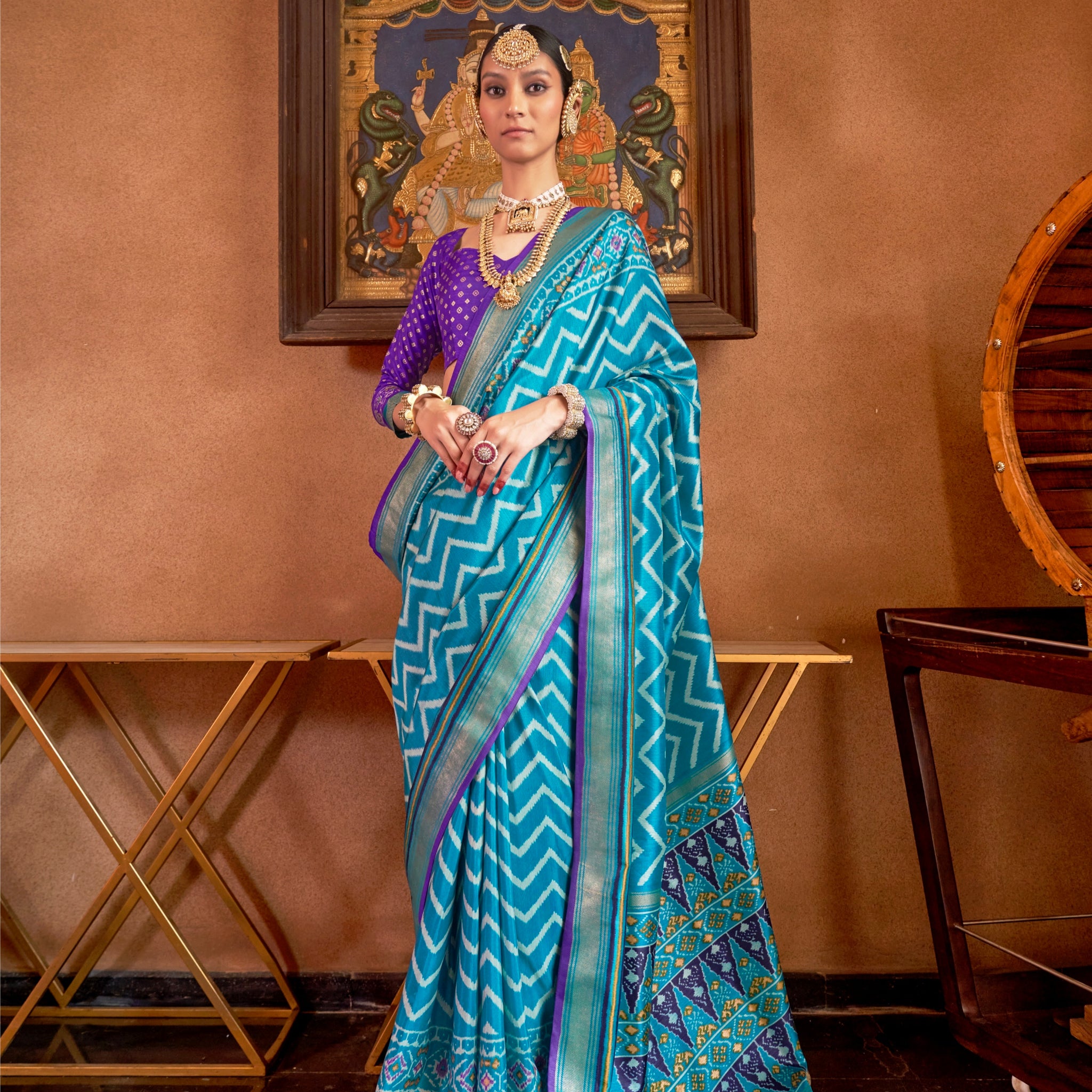 Blue and Pink Mercerized Sigma Silk Patola Saree with Gold Print and Kandora Belt
