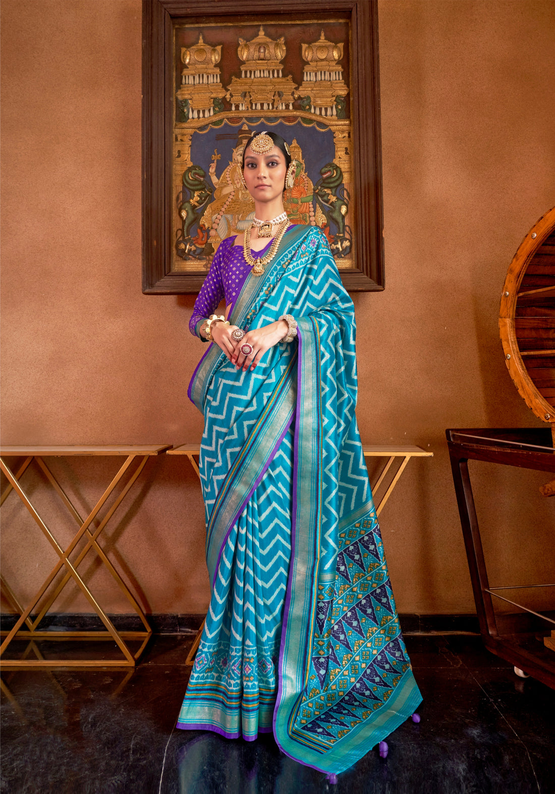 Blue and Pink Mercerized Sigma Silk Patola Saree with Gold Print and Kandora Belt
