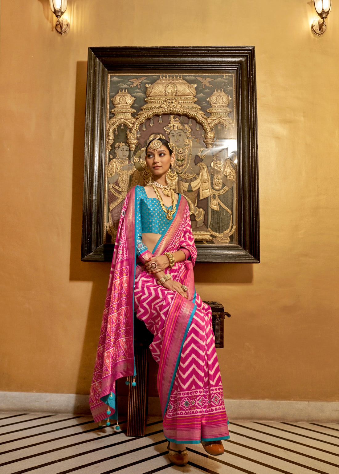 Pink and Blue Mercerized Sigma Silk Patola Saree with Gold Print and Kandora Belt