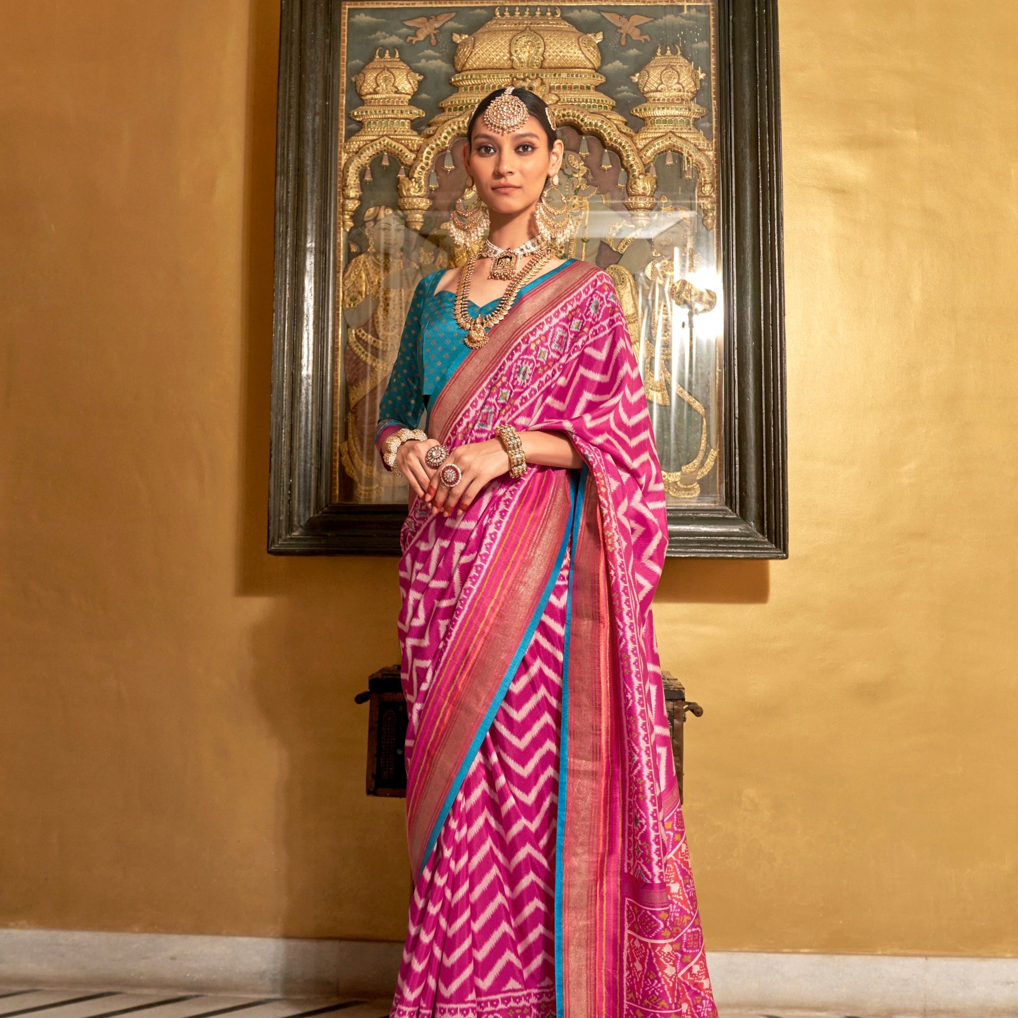 Pink and Blue Mercerized Sigma Silk Patola Saree with Gold Print and Kandora Belt