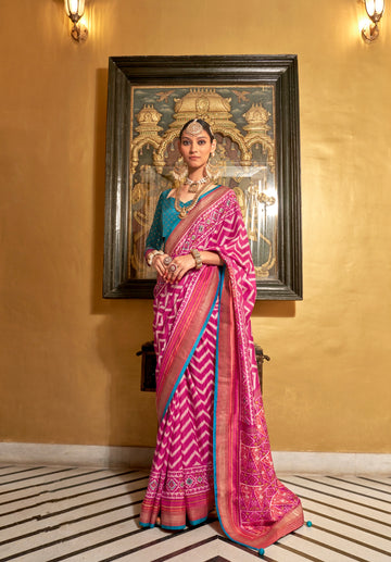 Pink and Blue Mercerized Sigma Silk Patola Saree with Gold Print and Kandora Belt