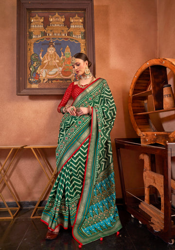 Green and Red Mercerized Sigma Silk Patola Saree with Gold Print and Kandora Belt