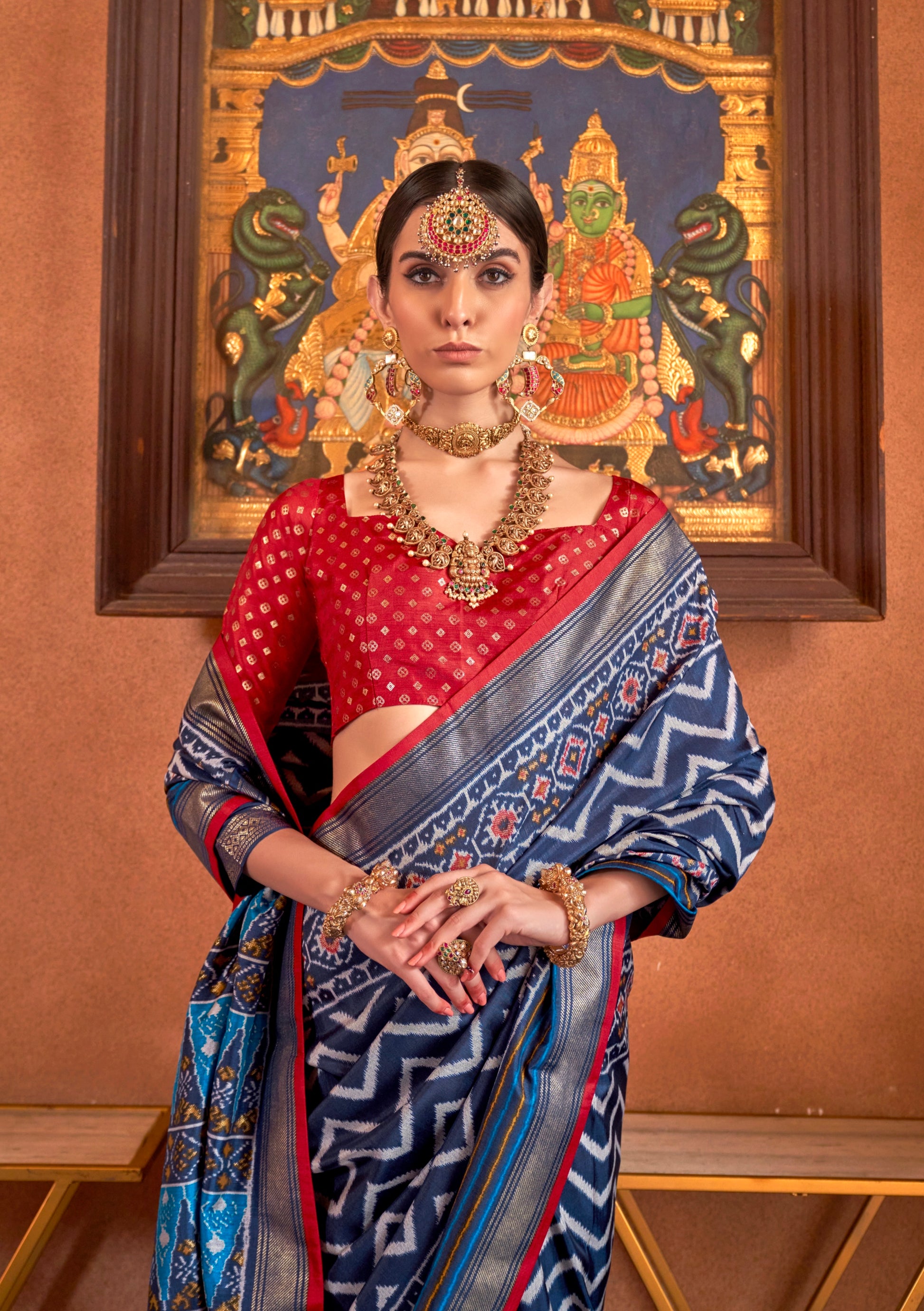 Grey and Blue Mercerized Sigma Silk Patola Saree with Gold Print and Kandora Belt