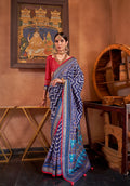 Grey and Blue Mercerized Sigma Silk Patola Saree with Gold Print and Kandora Belt