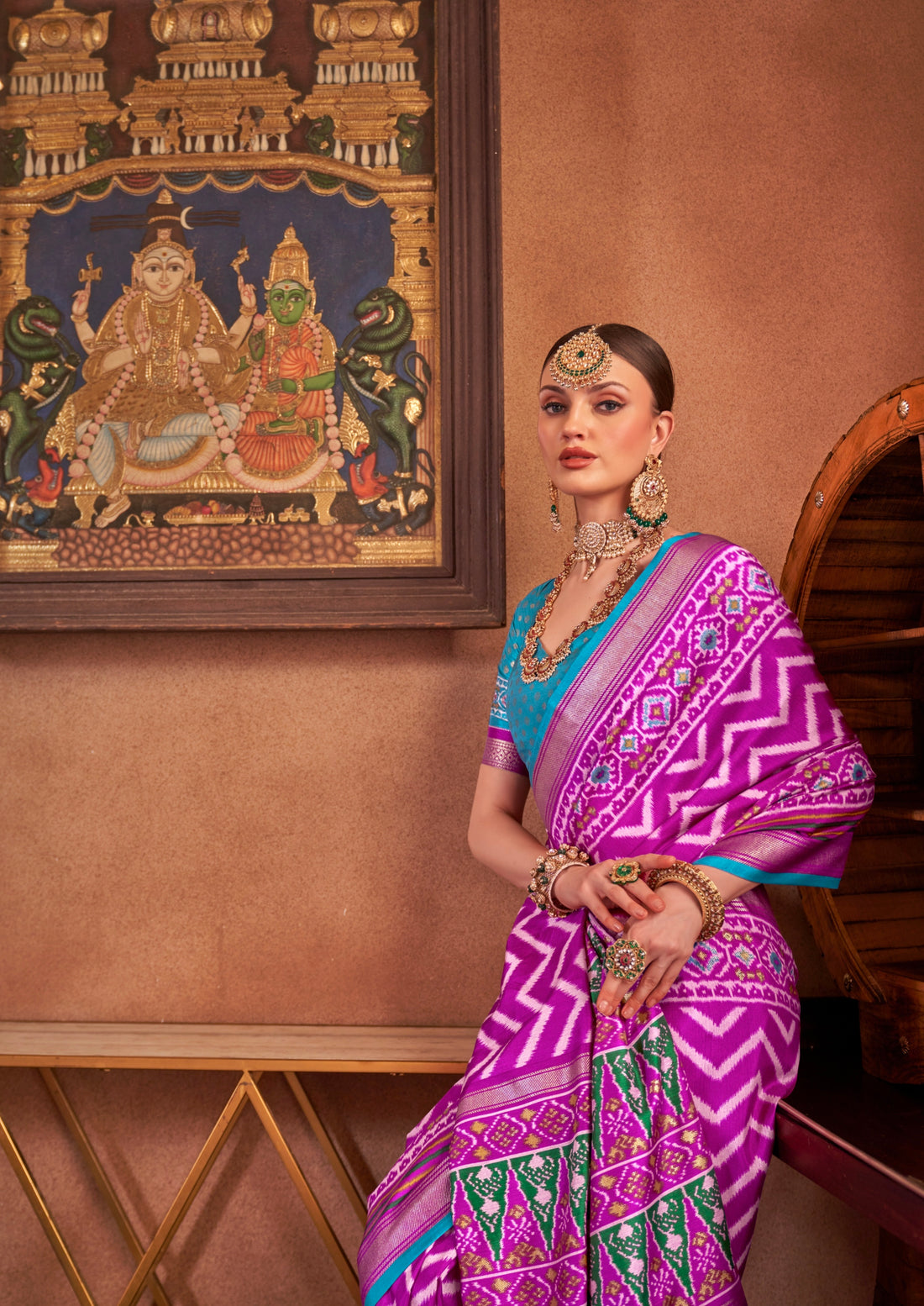 Purple and Magenta Mercerized Sigma Silk Patola Saree with Gold Print and Kandora Belt