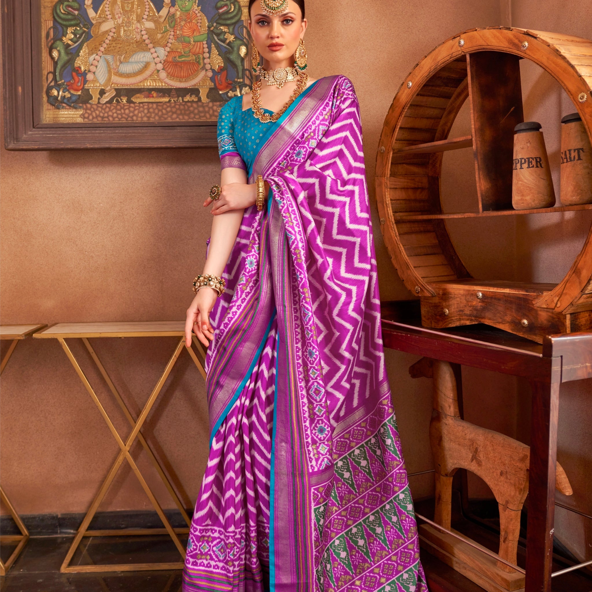 Purple and Magenta Mercerized Sigma Silk Patola Saree with Gold Print and Kandora Belt