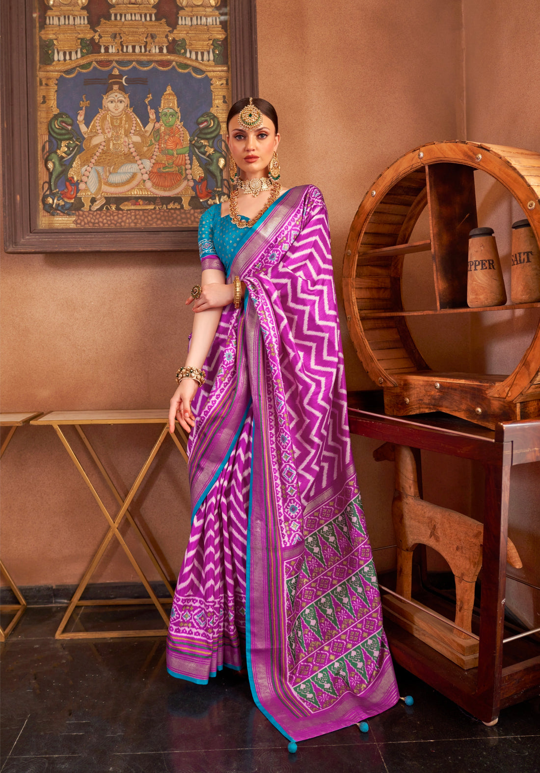 Purple and Magenta Mercerized Sigma Silk Patola Saree with Gold Print and Kandora Belt