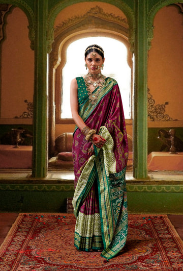 Purple and Green Mercerized Sigma Silk Traditional Saree with Aqua Finish