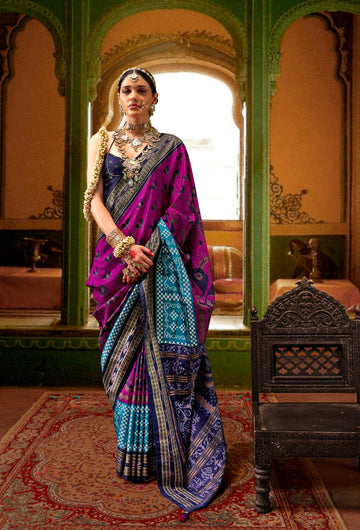 Purple and Blue Mercerized Sigma Silk Traditional Saree with Aqua Finish