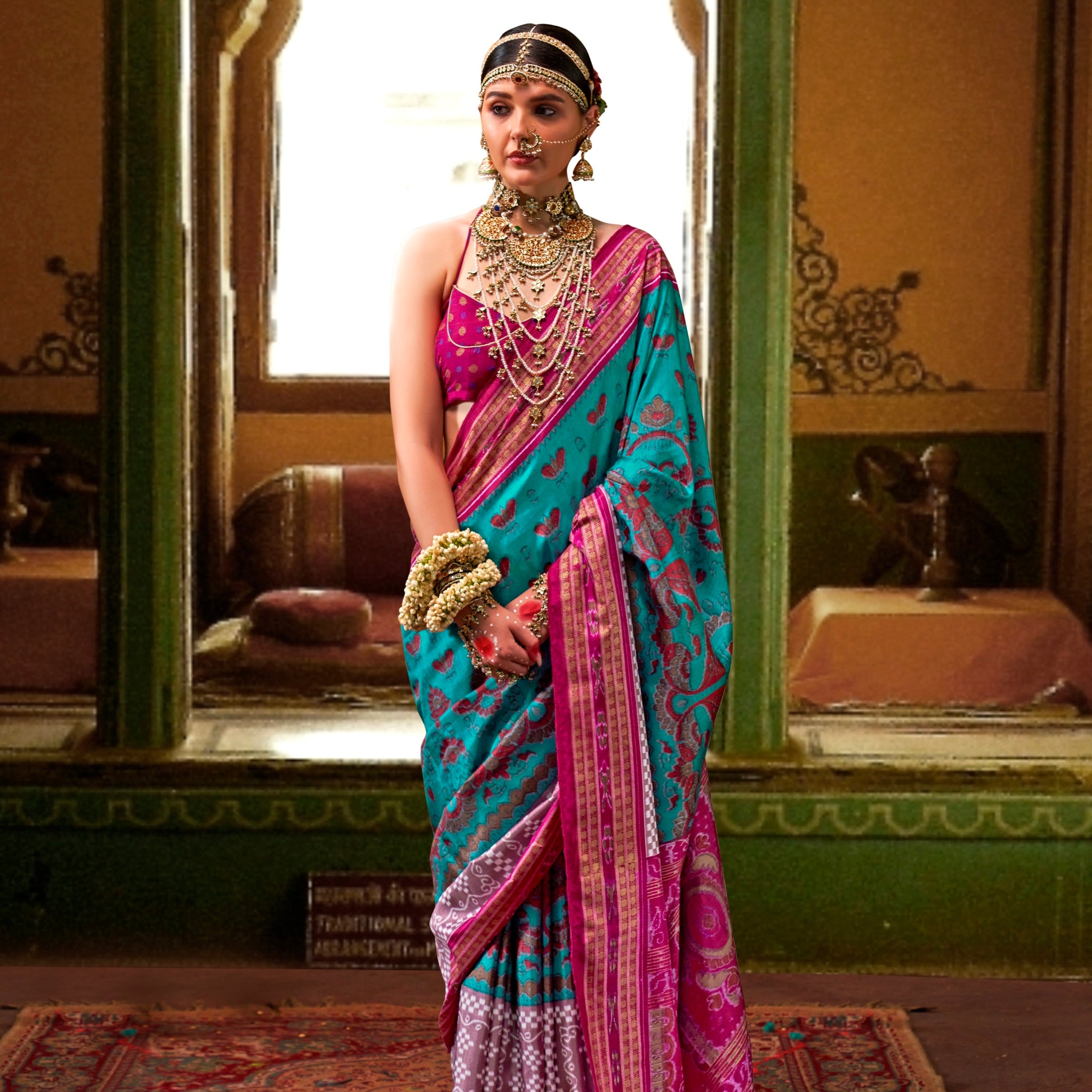 Pink and Blue Mercerized Sigma Silk Traditional Saree with Aqua Finish