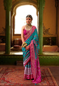 Pink and Blue Mercerized Sigma Silk Traditional Saree with Aqua Finish