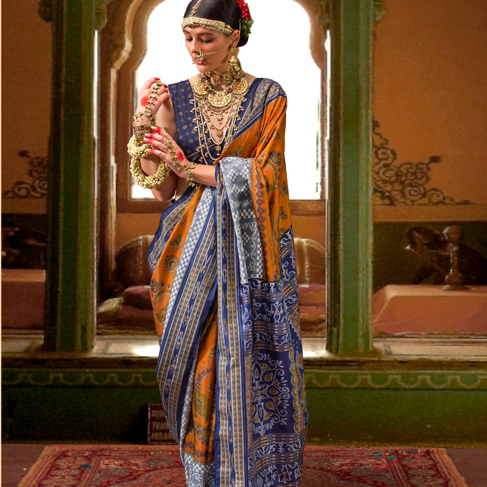 Orange and Blue Mercerized Sigma Silk Traditional Saree with Aqua Finish