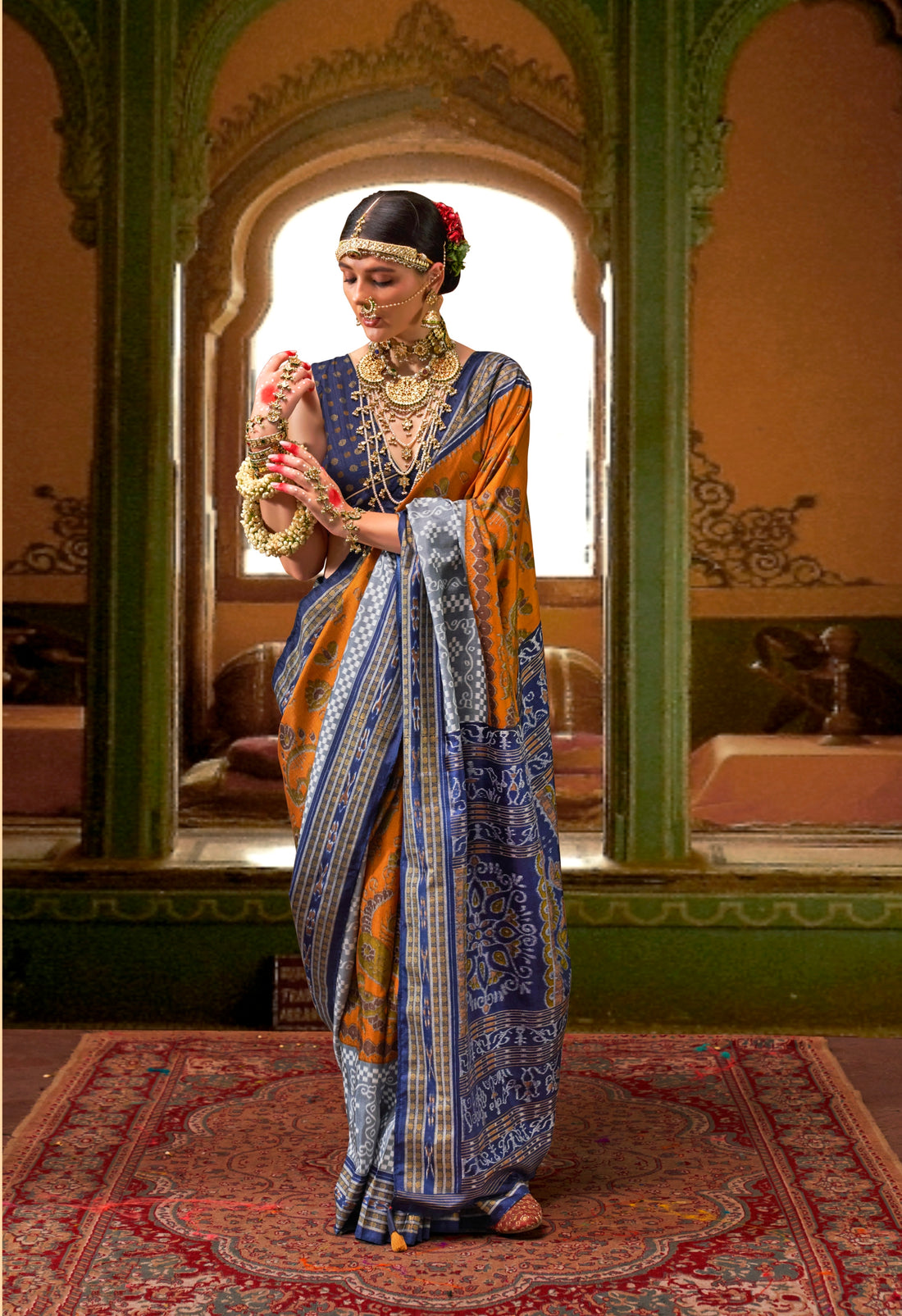 Orange and Blue Mercerized Sigma Silk Traditional Saree with Aqua Finish