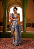 Orange and Blue Mercerized Sigma Silk Traditional Saree with Aqua Finish