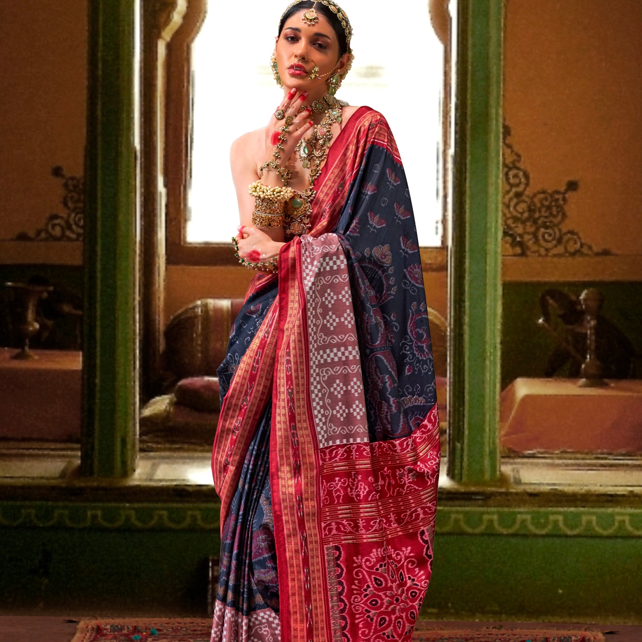 Red and Black Mercerized Sigma Silk Traditional Saree with Aqua Finish