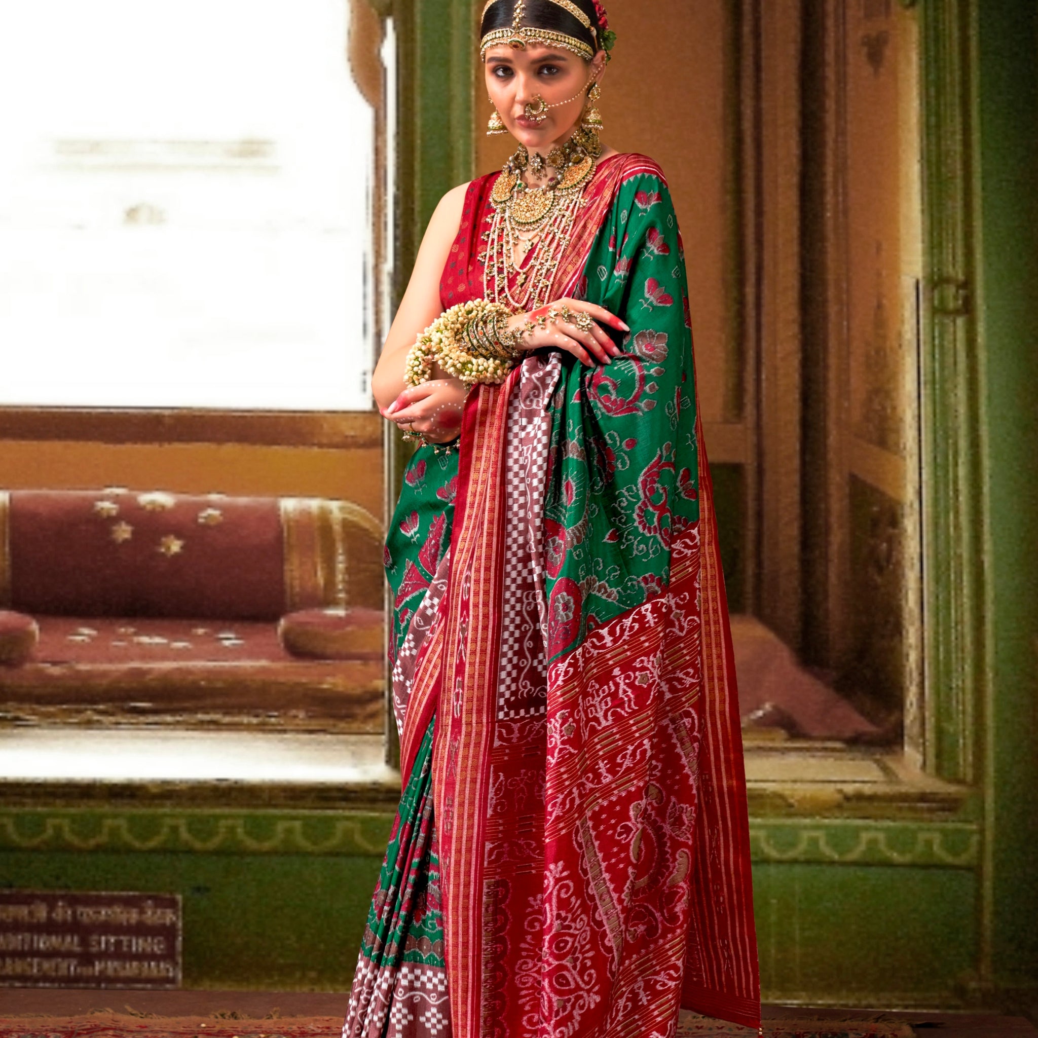 Green and Red Mercerized Sigma Silk Traditional Saree with Aqua Finish