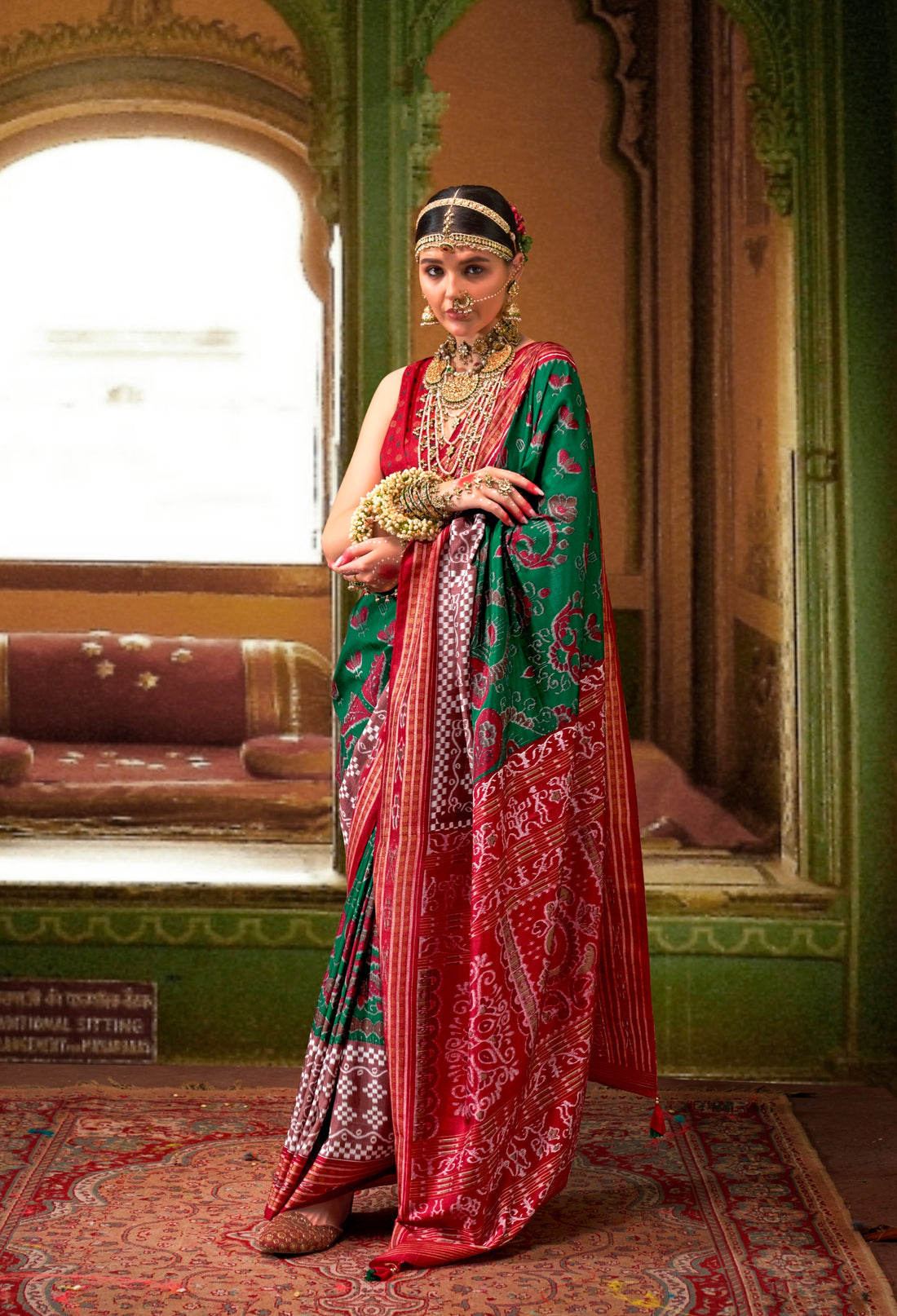 Green and Red Mercerized Sigma Silk Traditional Saree with Aqua Finish