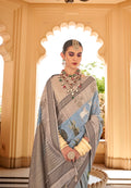 Light Blue and Grey Super Pv Raw Silk Saree with Khadi Print