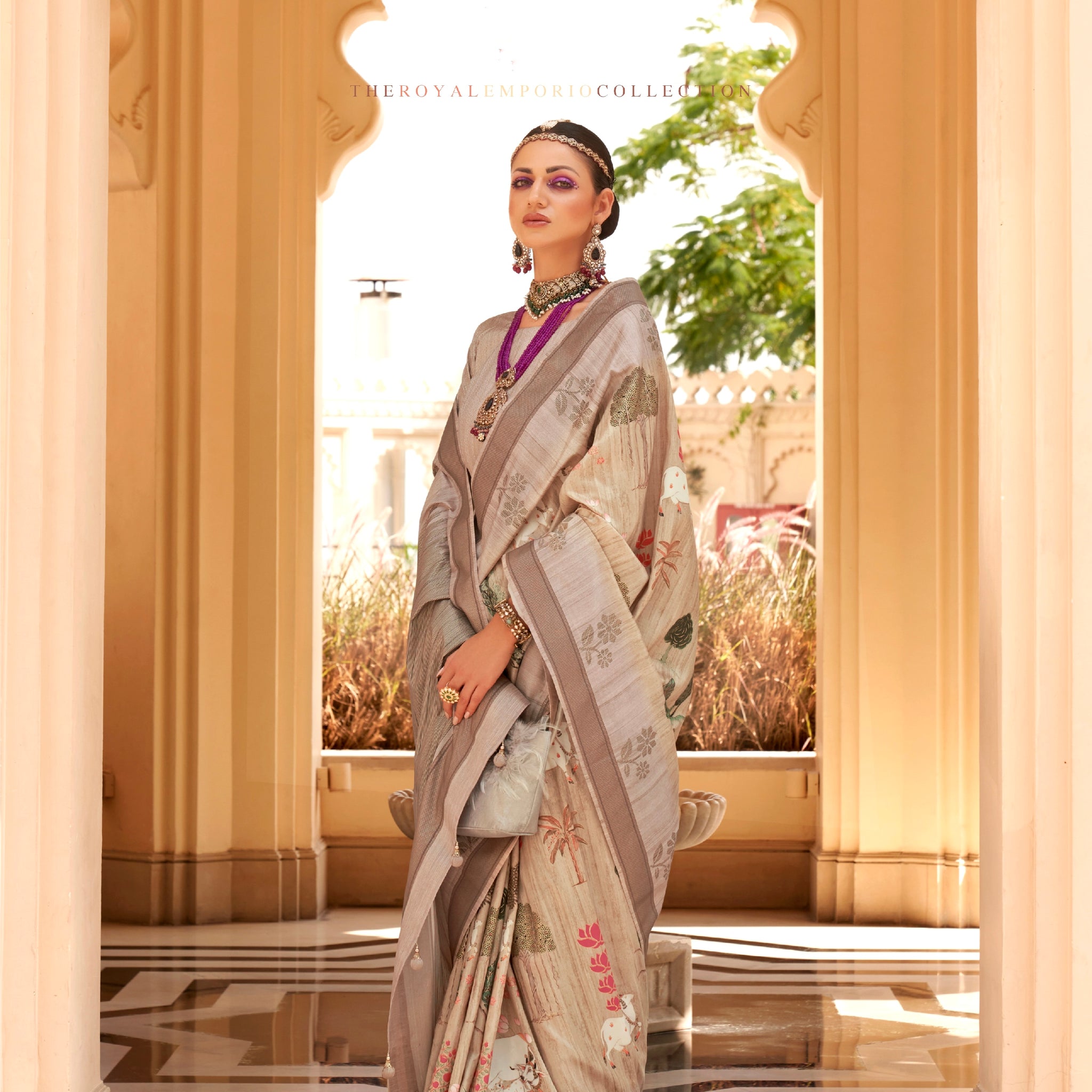 Pastel Beige and Mint Green Super Pv Raw Silk Saree with Foil Print