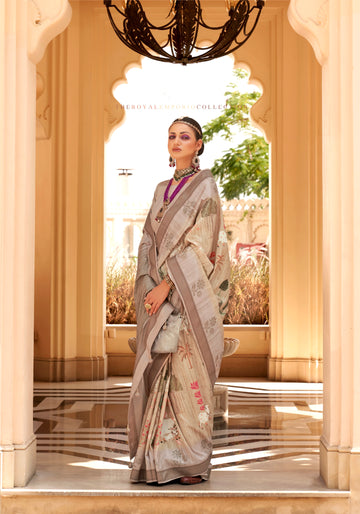 Pastel Beige and Mint Green Super Pv Raw Silk Saree with Foil Print