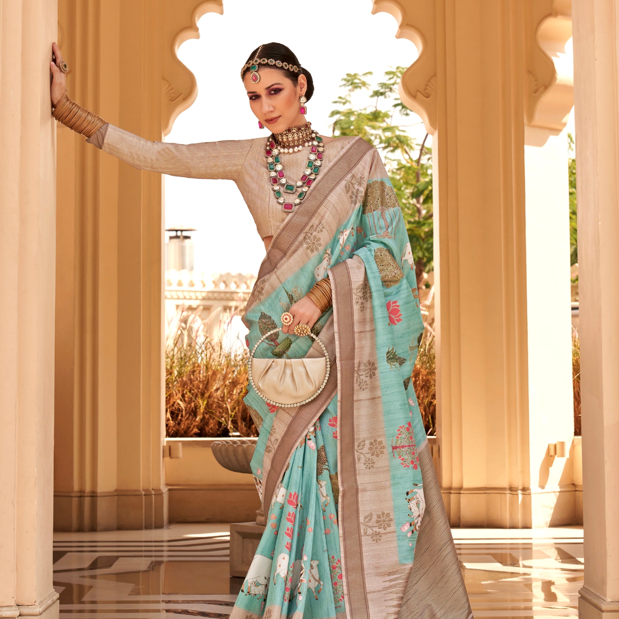 Aqua Blue and Grey Super Pv Raw Silk Saree with Foil Print