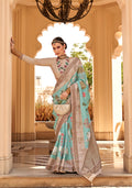 Aqua Blue and Grey Super Pv Raw Silk Saree with Foil Print