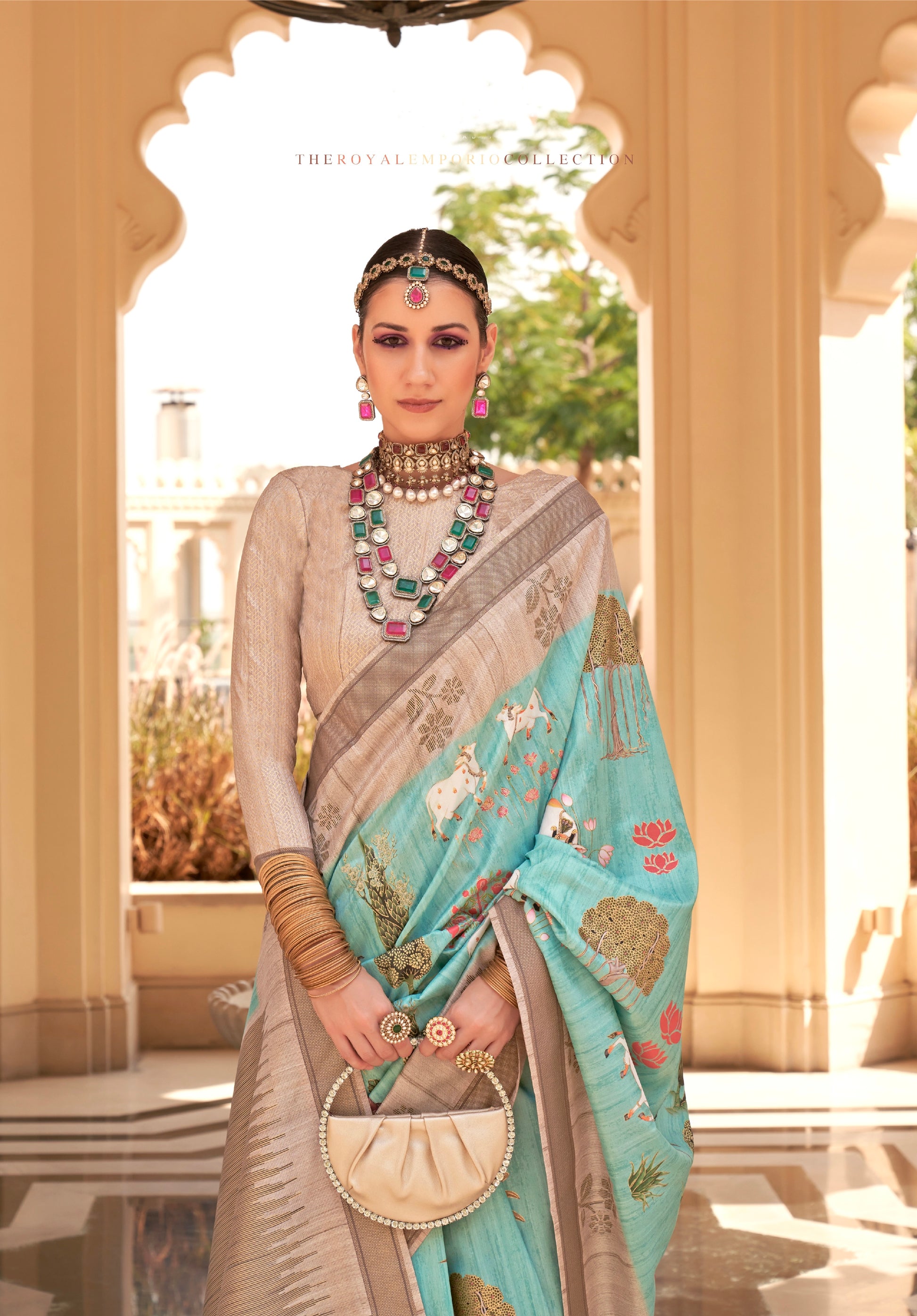 Aqua Blue and Grey Super Pv Raw Silk Saree with Foil Print