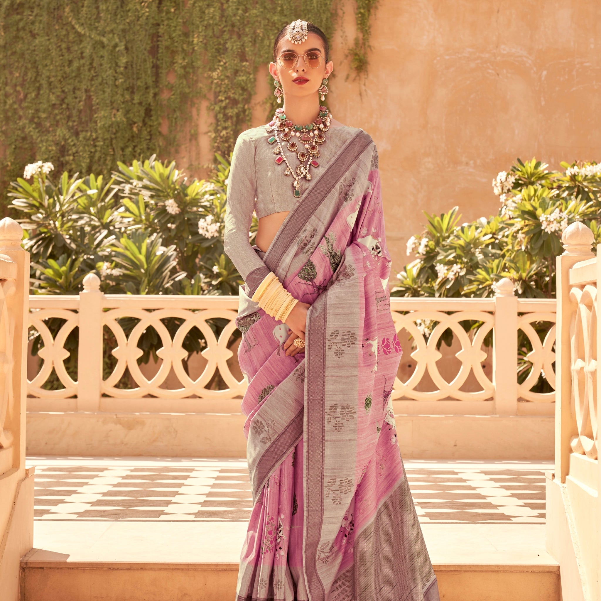 Light Grey and Pink Super Pv Raw Silk Saree with Foil Print