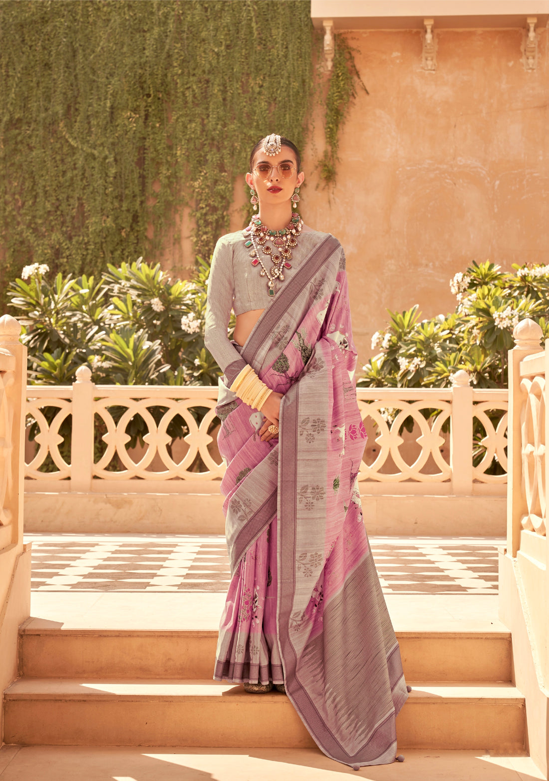 Light Grey and Pink Super Pv Raw Silk Saree with Foil Print