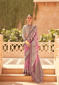 Light Grey and Pink Super Pv Raw Silk Saree with Foil Print