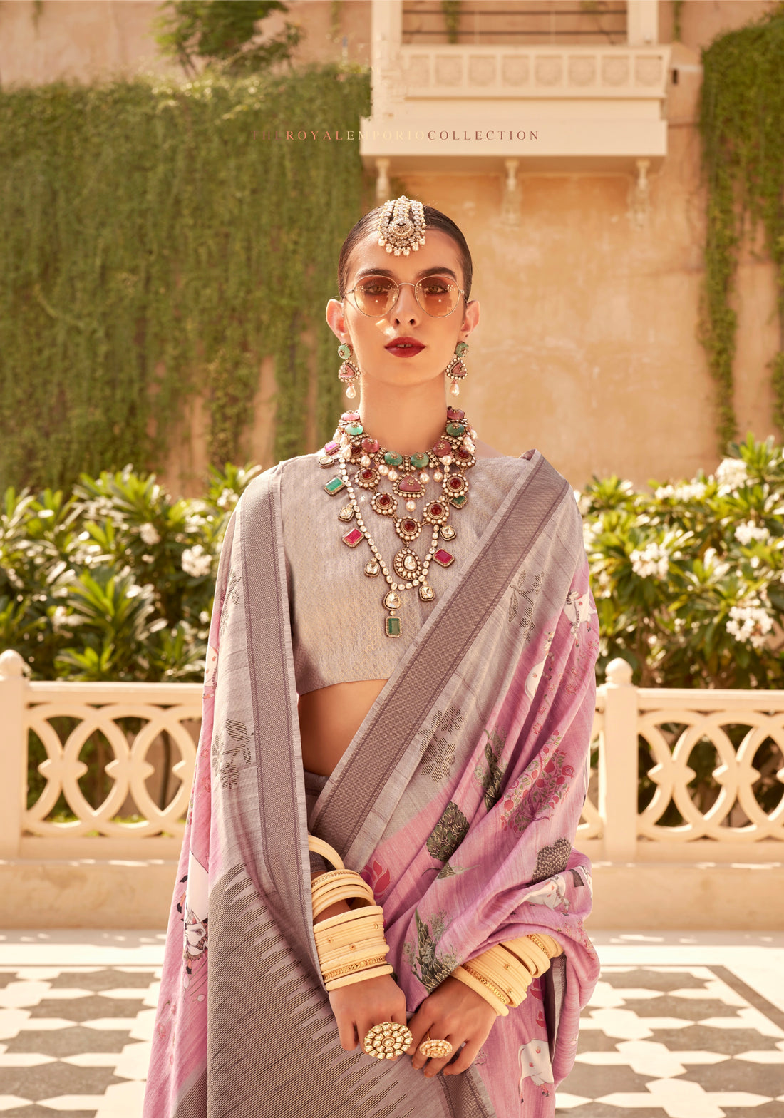 Light Grey and Pink Super Pv Raw Silk Saree with Foil Print