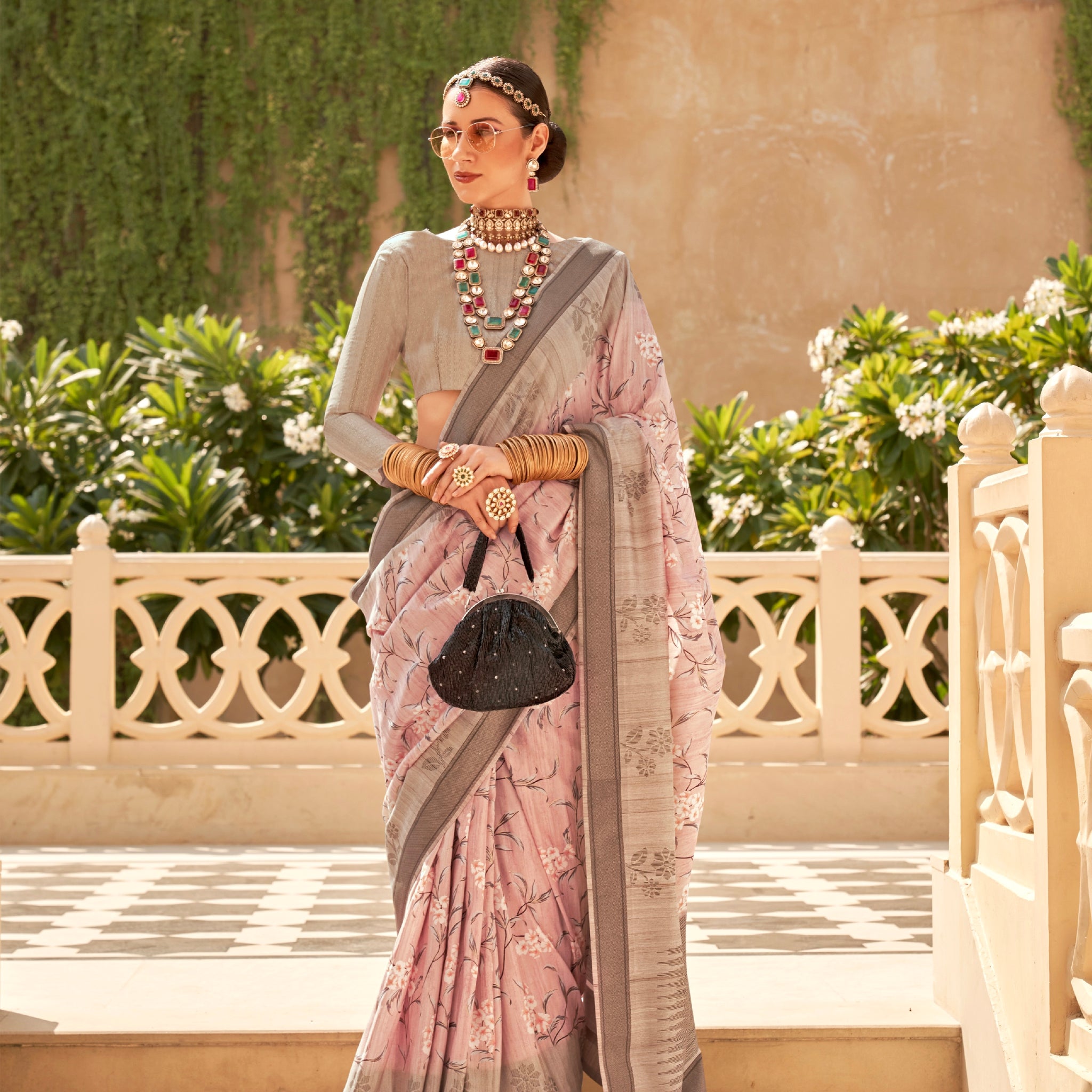 Soft Pink and Grey Super Pv Raw Silk Saree with Foil Print