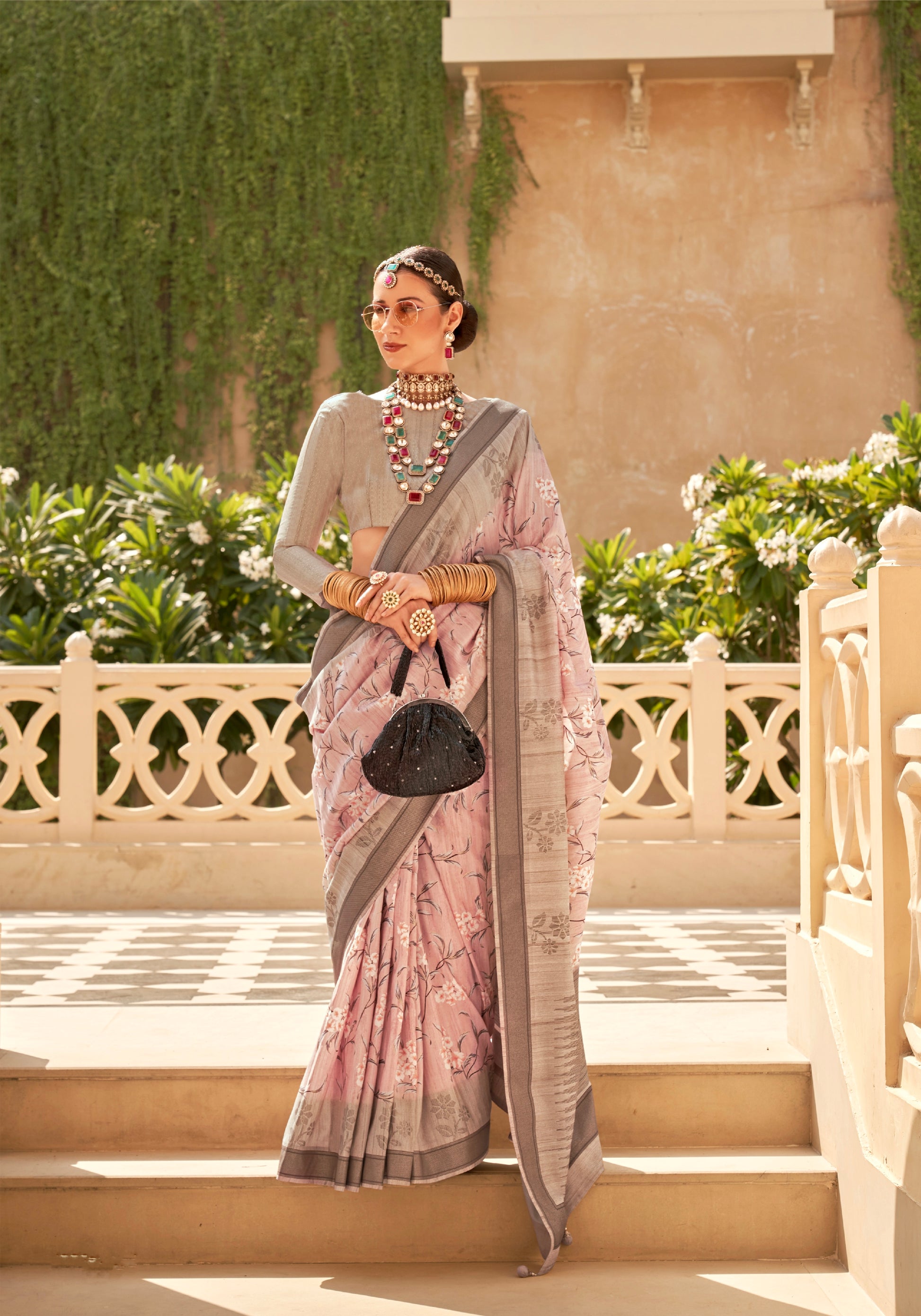 Soft Pink and Grey Super Pv Raw Silk Saree with Foil Print