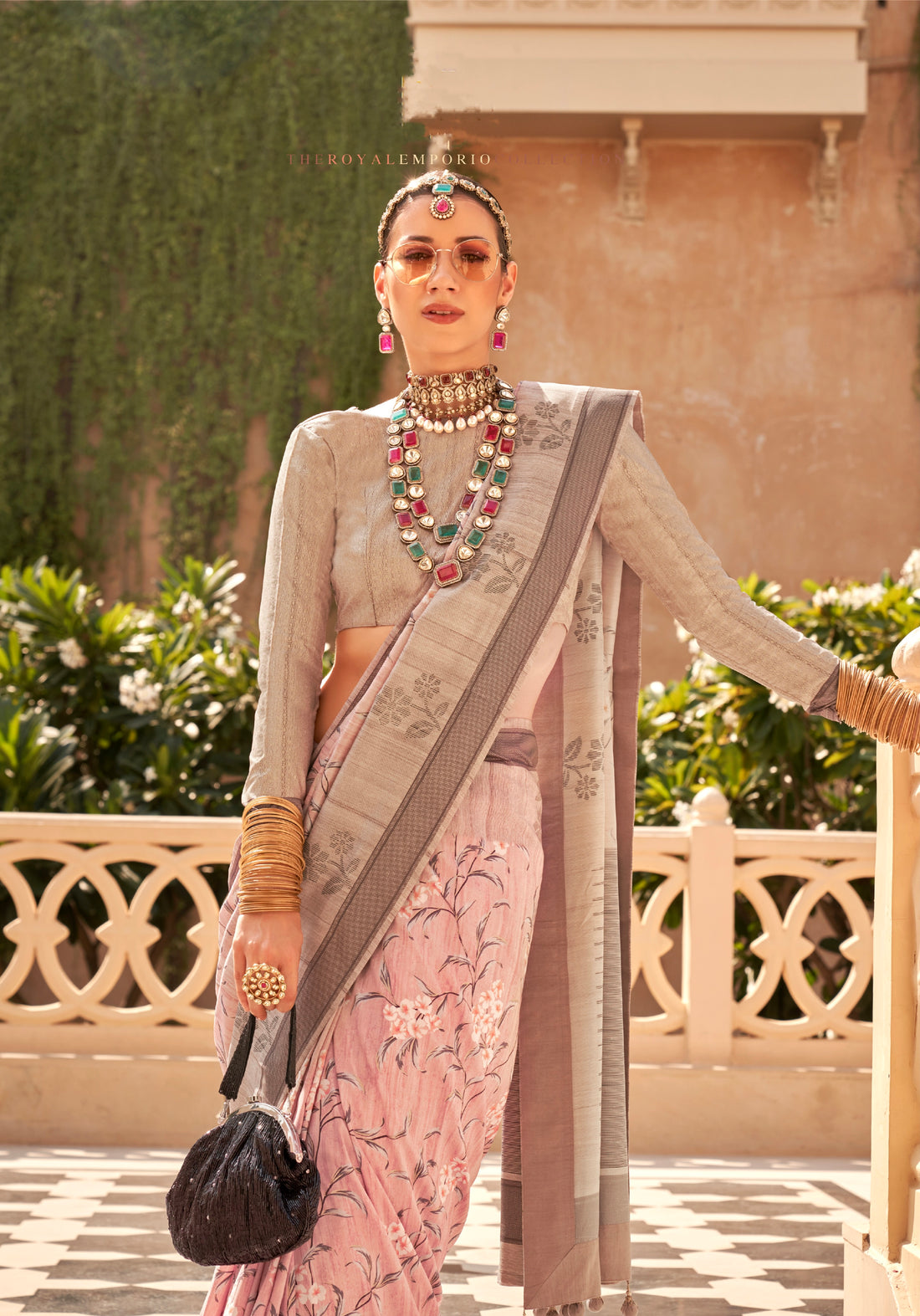 Soft Pink and Grey Super Pv Raw Silk Saree with Foil Print