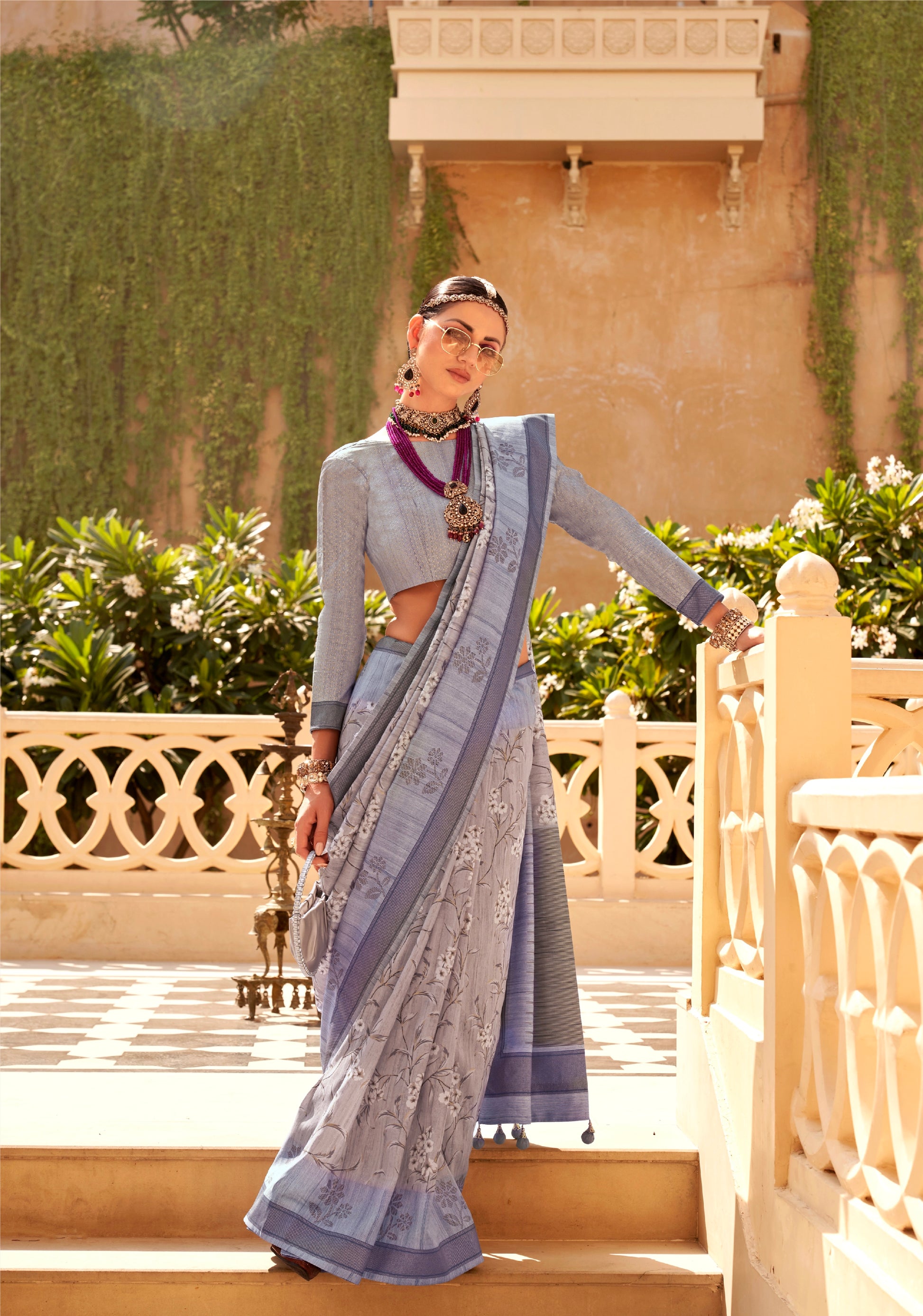 Sky Blue and Grey Super Pv Raw Silk Saree with Foil Print