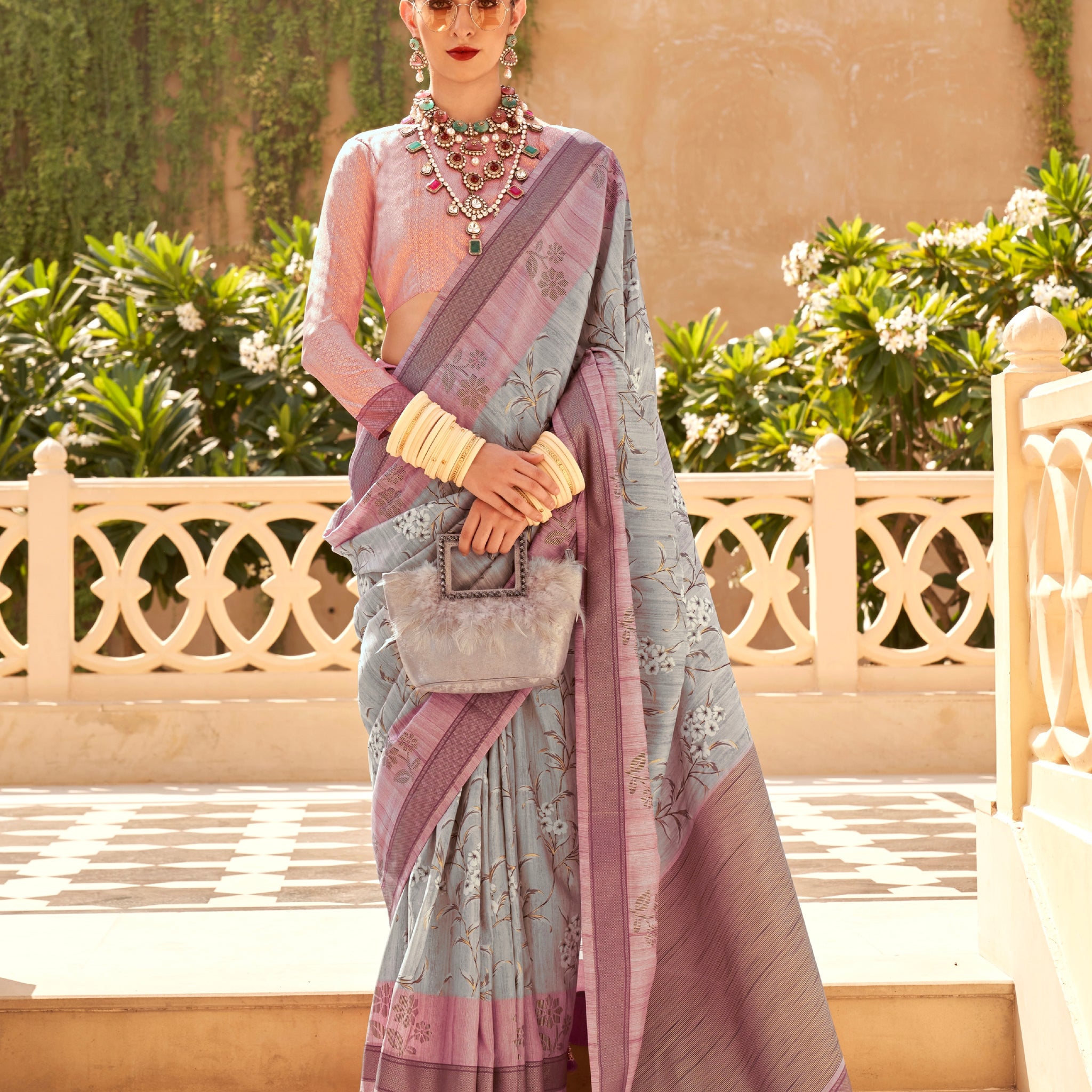 Lavender and Grey Super Pv Raw Silk Saree with Foil Print